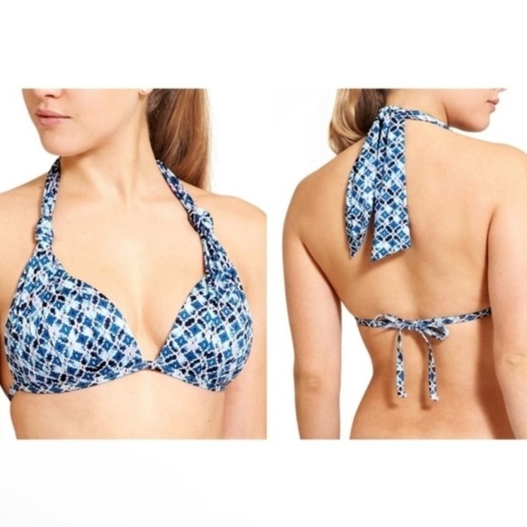 NWT Athleta Aqualuxe Print Halter Bikini Top Blue Tile Medium - Picture 1 of 13